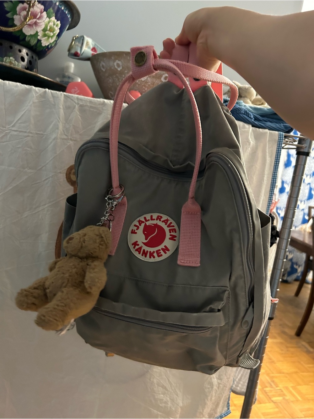 Fjallraven Kanken Small Gray Backpack with Pink Handles
